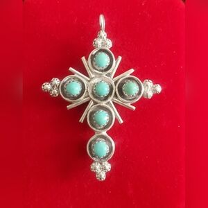 Native American, Doble Face Turquoise & Red Coral Sterling Cross Pendant Vintage